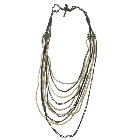 Multilayer Chain & Beaded Necklace With Pastel Green Seed Beads Boho Statement - Picture 1 of 3
